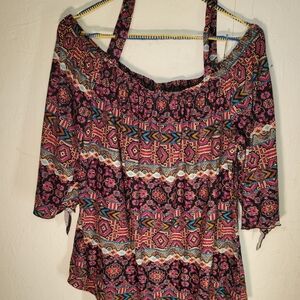 Bobbie Brooks Plus Size 2X Off Shoulder Geometric Tunic Blouse 3/4 Sleeve